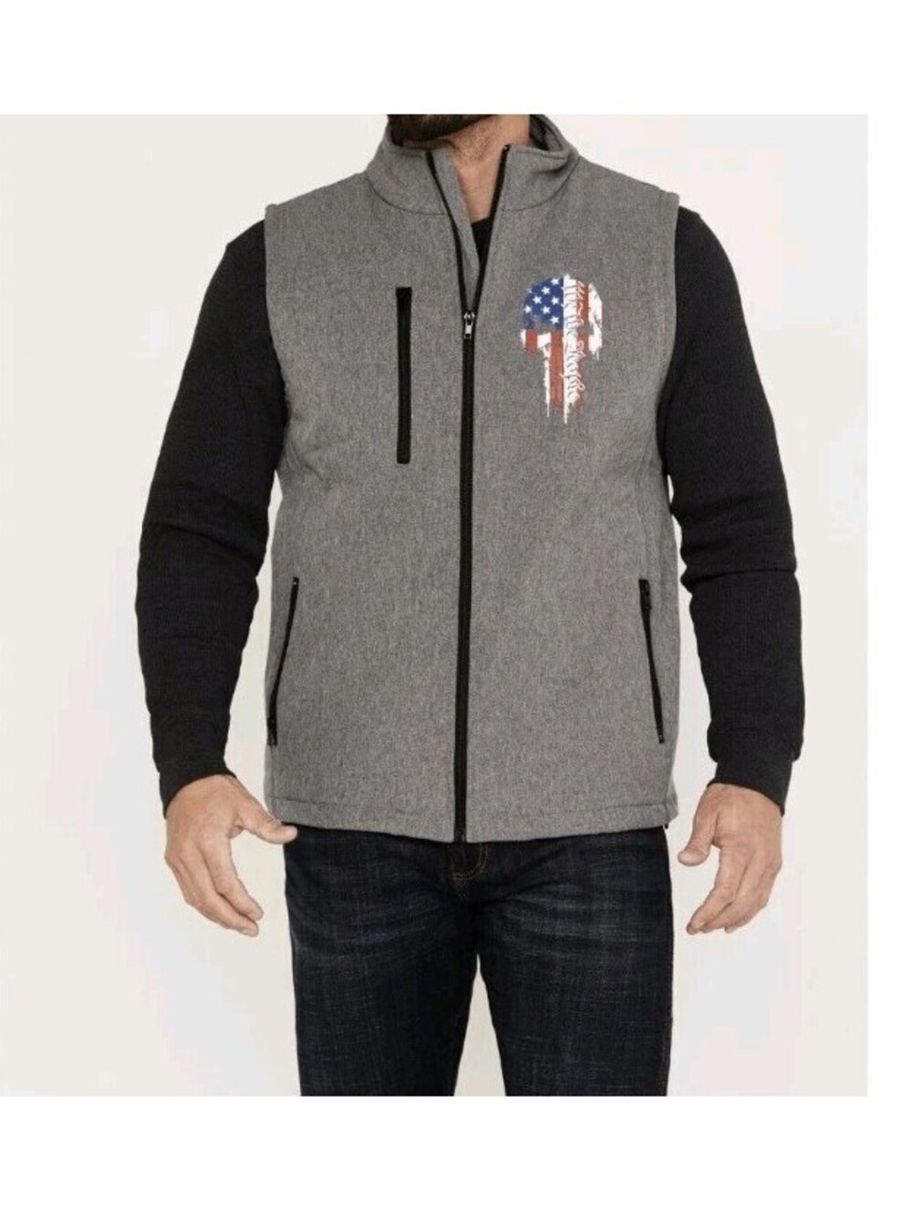 Howitzer Men's Large Grey W/Skull Design Zip Lightly Lined Pockets Vest